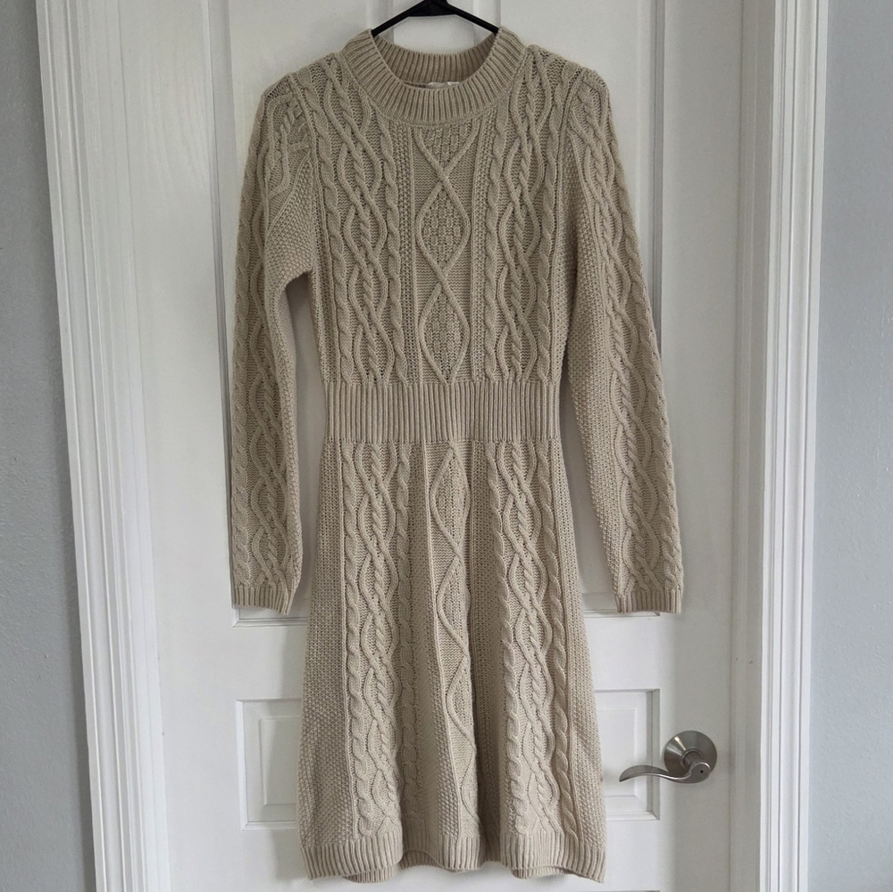 Lucky Brand Tan Long Sleeve Fit and Flare Sweater Dress